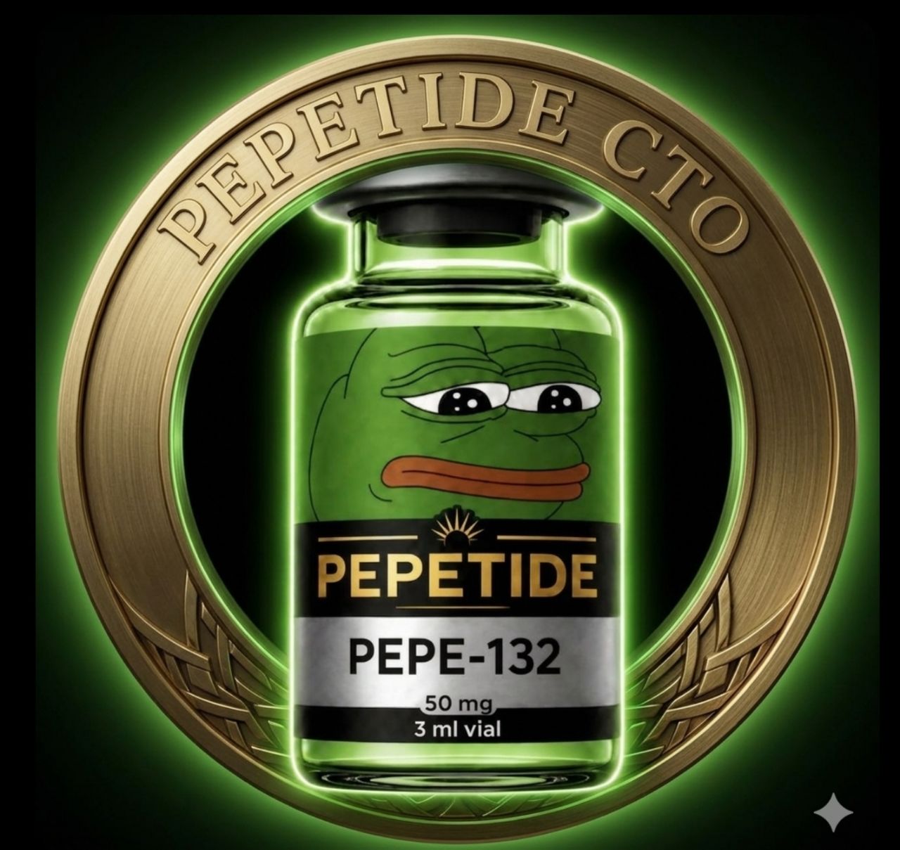 Pepetide CTO emblem — PEPE-132 vial encased in a golden coin